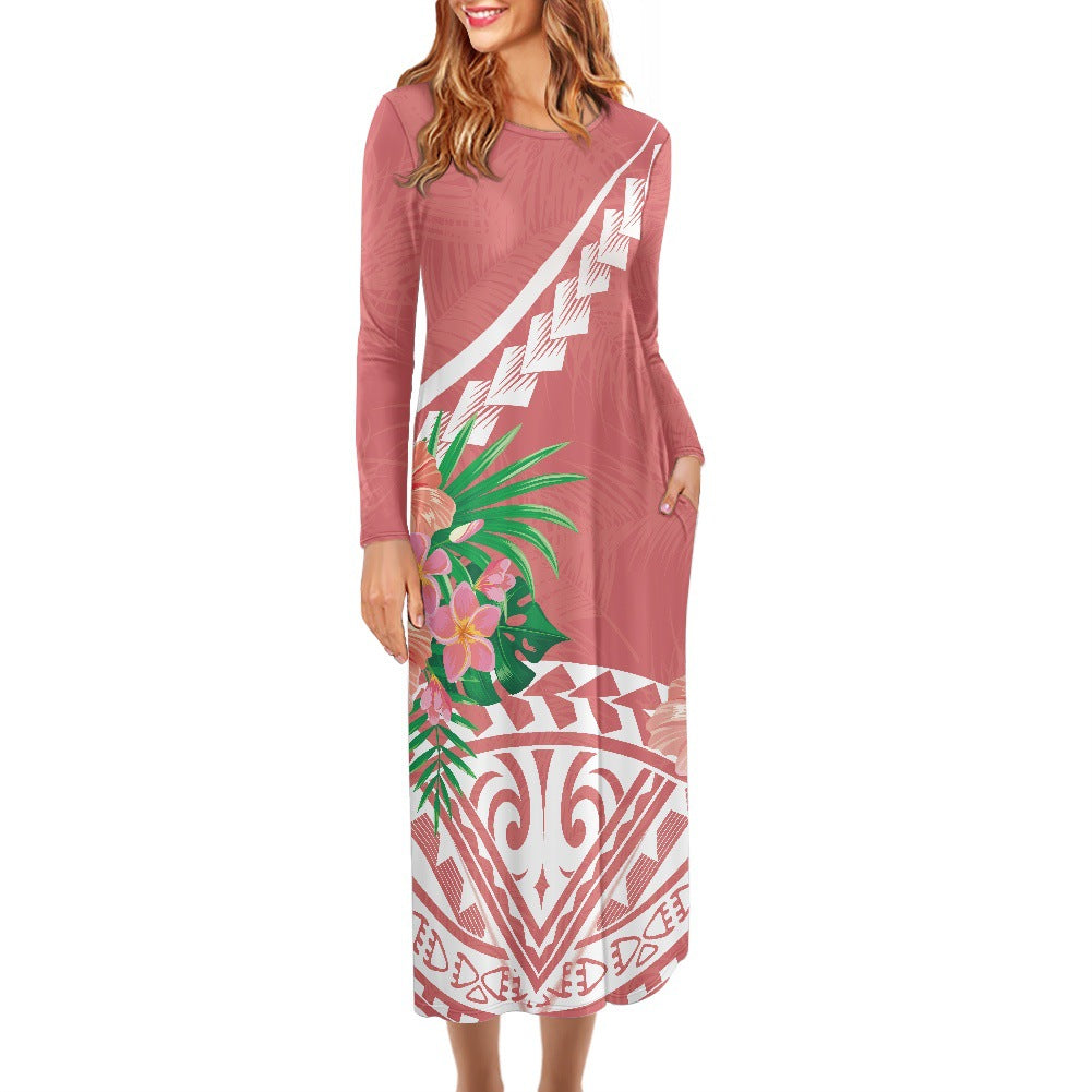 Hawaiian Print Dress Large Size Long Sleeve Round Neck Foreign Trade Women's Long Skirt