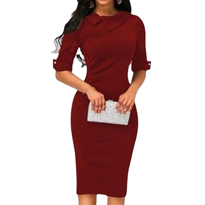 Elegant Business Dress Fashion Commuter Office Women's Solid Color Mid-Length Long Sleeve Dress