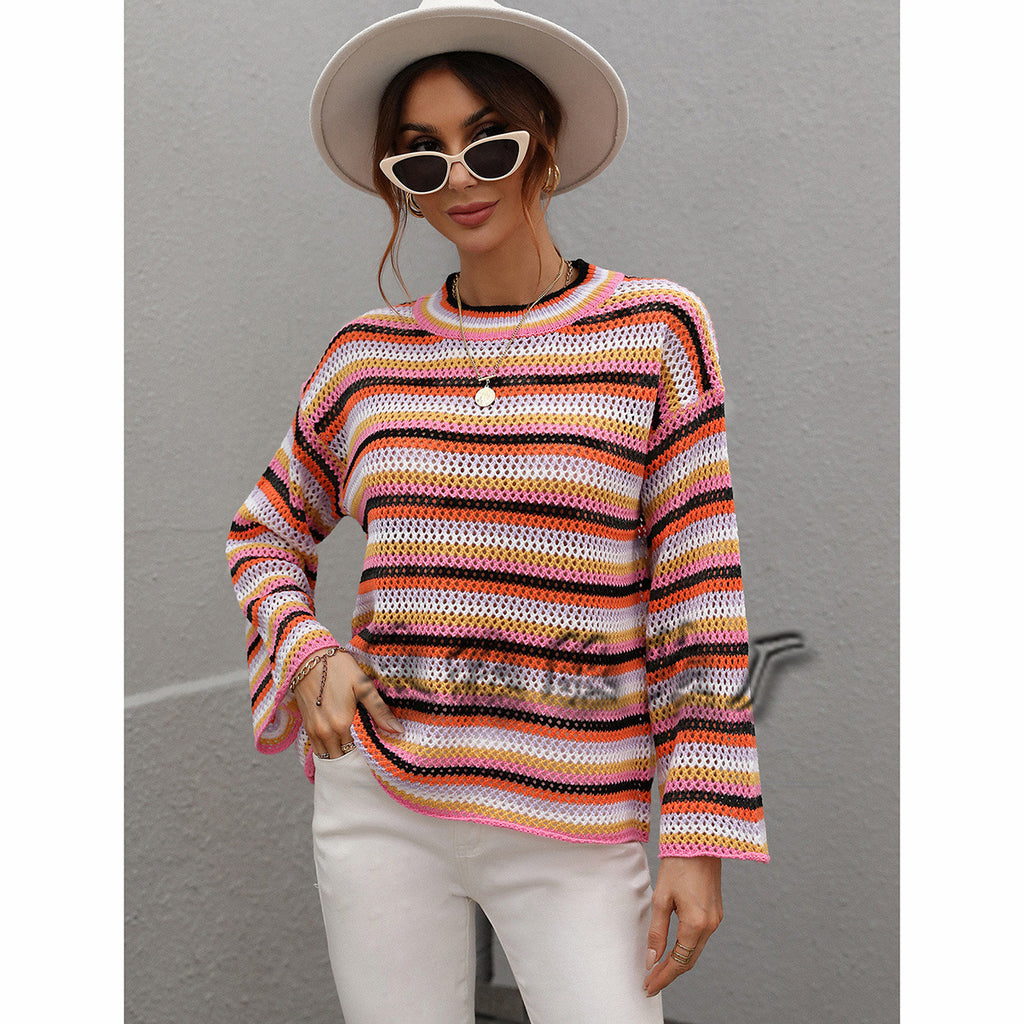 European and American Stitching Knitwear Women's Loose Cross-Color Foreign Trade round Neck Striped Sweater Women