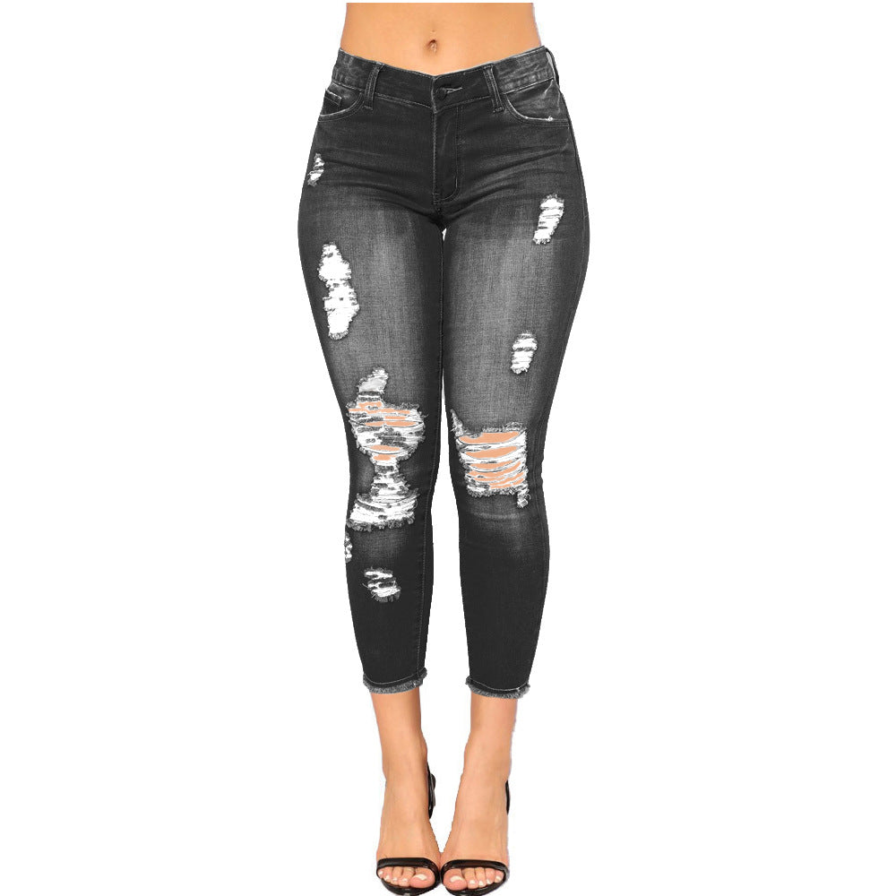 Bestseller High Elastic Cropped Ripped Women's Skinny Skinny Hip Raise Fashion Jeans