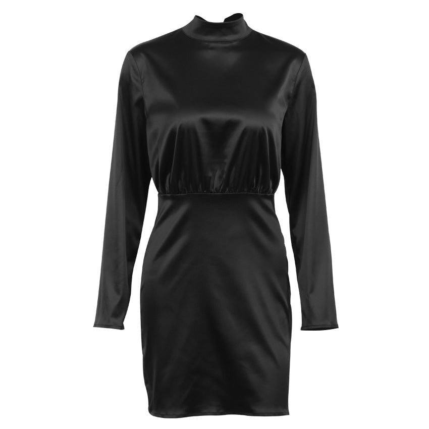 French Backless Turtleneck Dress Commuter Bow Black Dress Dress Satin Ice Silk