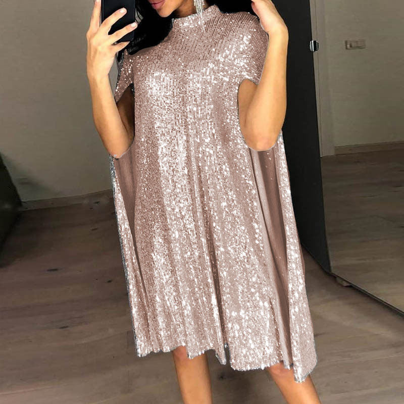 Small Stand Collar Sequins Dress Loose