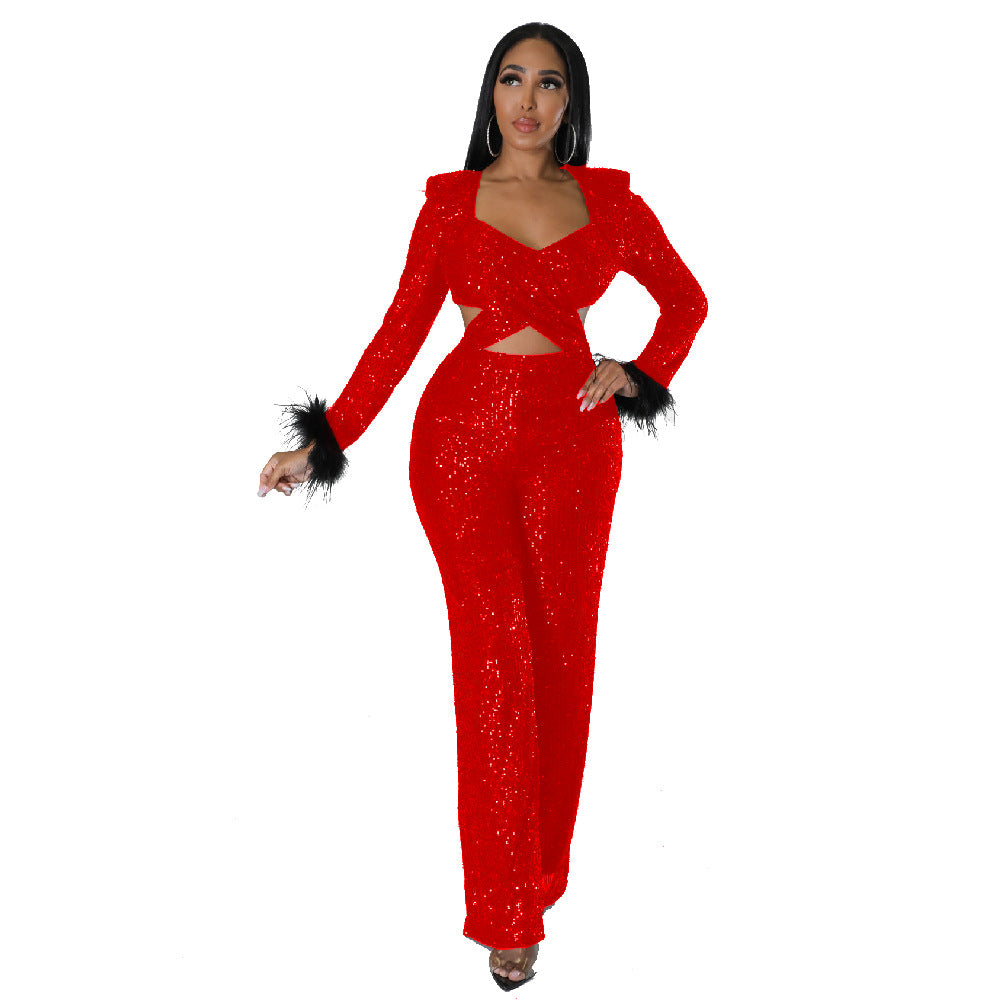 Long Sequined Feather Hollow-out Slim-Fit Long-Sleeved Socialite Gathering Jumpsuit