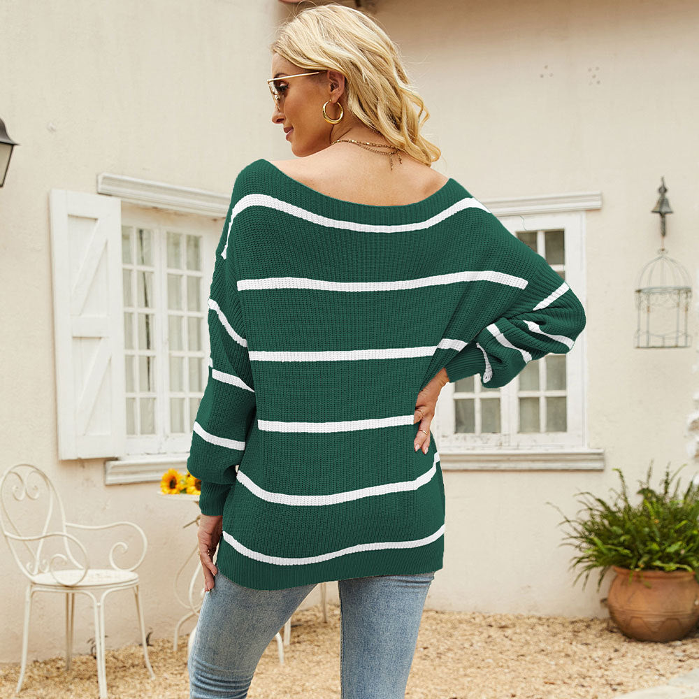 Fashion Long Sleeve Striped off-the-Shoulder Knitted off-the-Neck Pullover Sweater