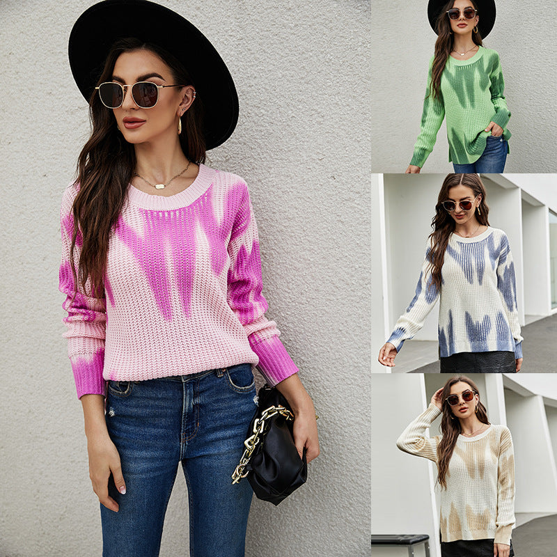 Printing and Dyeing Long-Sleeved Sweater Top round Neck Pullover Loose Knit Sweater for Women