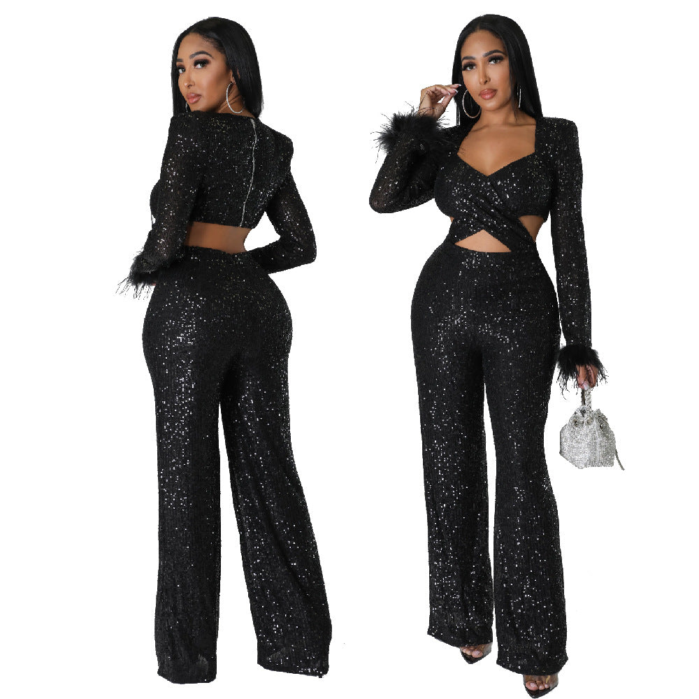 Long Sequined Feather Hollow-out Slim-Fit Long-Sleeved Socialite Gathering Jumpsuit