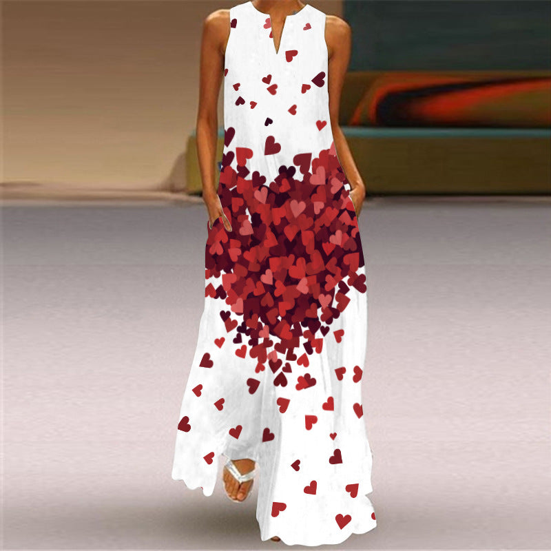 Sexy Digital Printed Dress V-neck Sleeveless Pocket European and American Style Dress