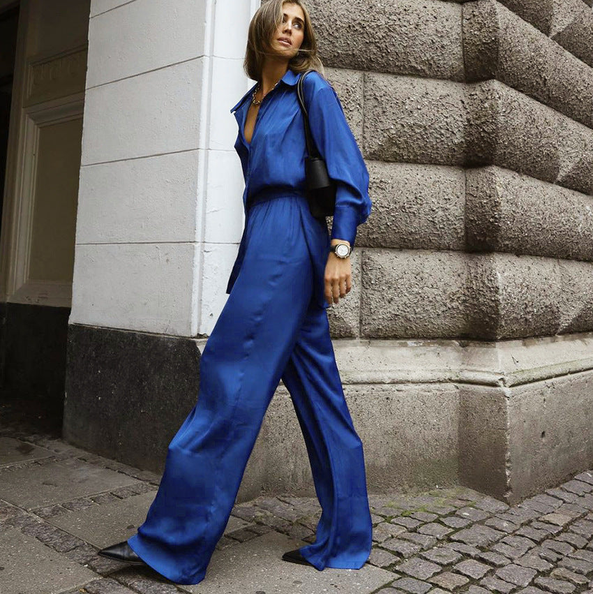 Klein Blue Casual Women 'S Satin Shirt Mop Trousers Two-Piece Set