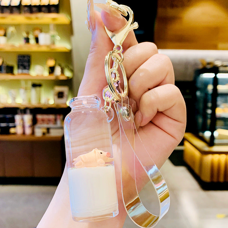 Floating Milk Pig Liquid Pendant Key Chain Quicksand Drifting Milk Bottle Oil Piggy Bags Pendant