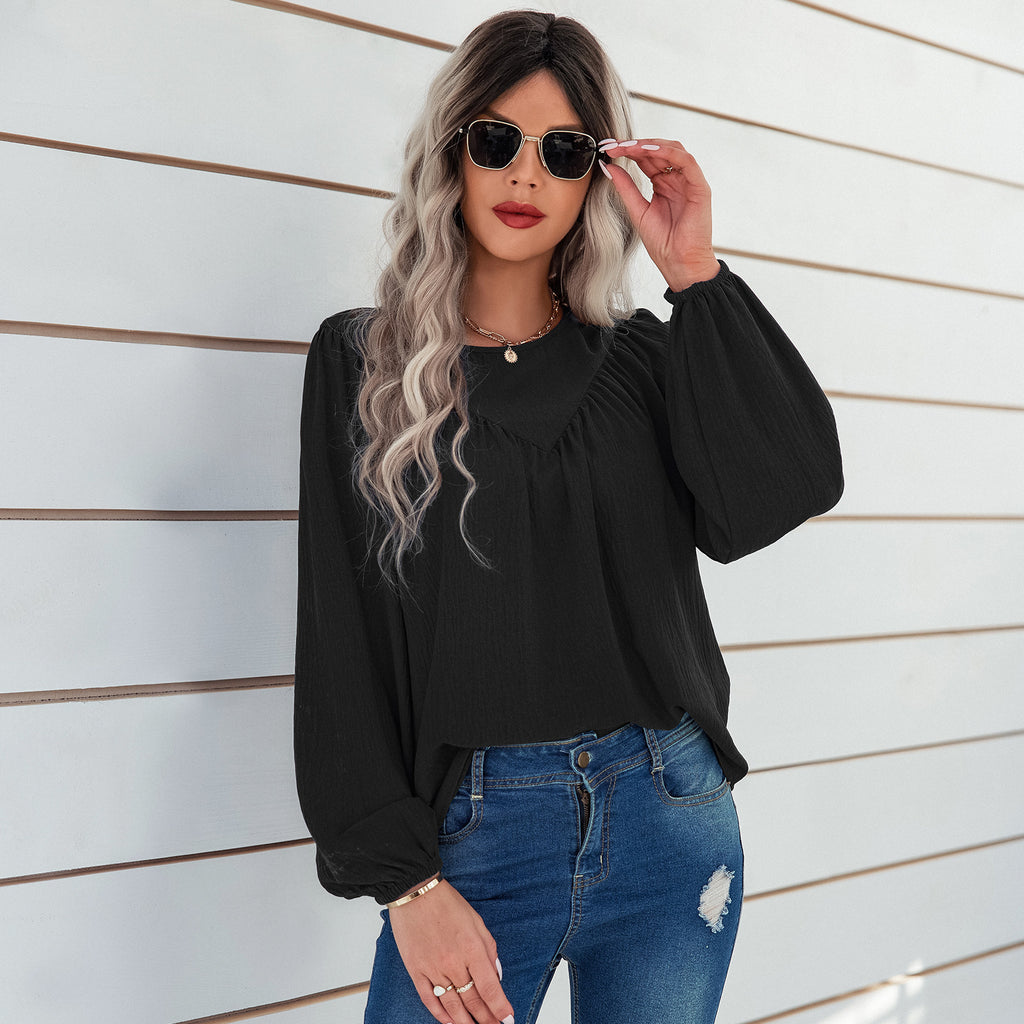 2022 Early Autumn New Top Women's Solid Color round Neck Pullover Shirt Loose Shirt