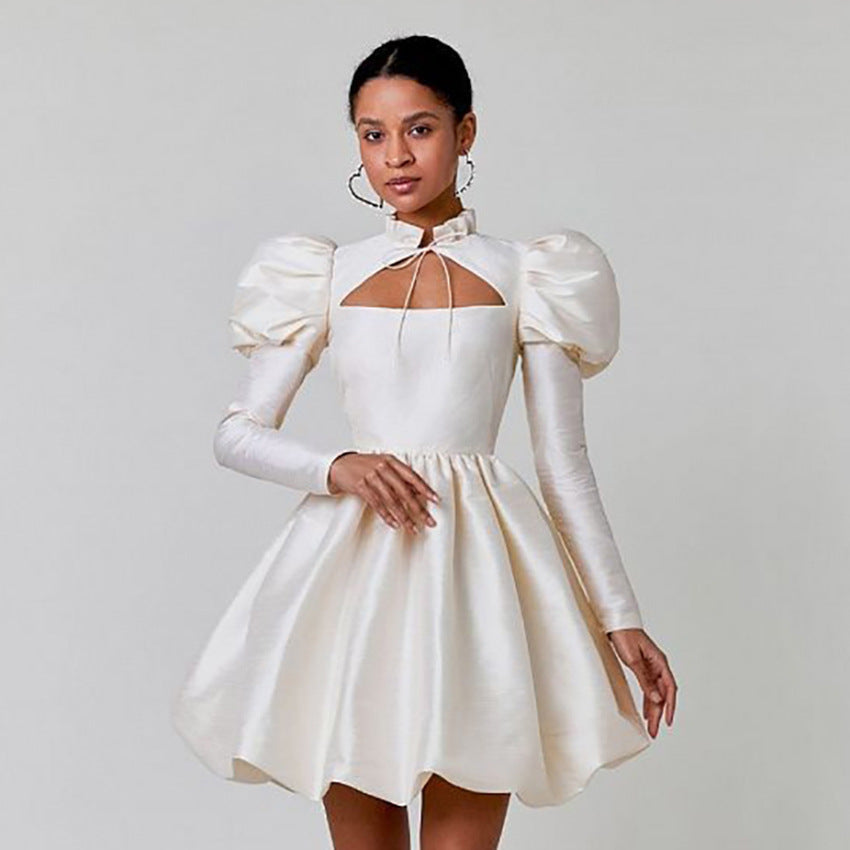 European and American Bubble Sleeve Hollow Princess Dress Niche Design Hollow Tuxedo Dress