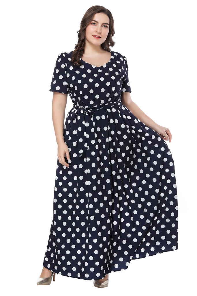 European And American Plus Size Women 'S Clothes Short Sleeve Polka Dot Swing Dress