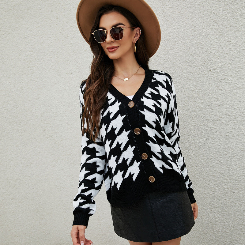 Houndstooth Loose Sweater Coat Fashion V-neck Long Sleeve Knitted Cardigan