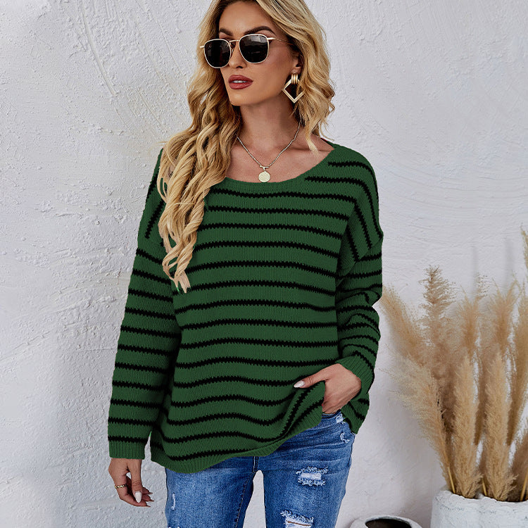 Striped Sweater Pullover Plus Size Loose And Idle Color-Block Crew Neck Sweater