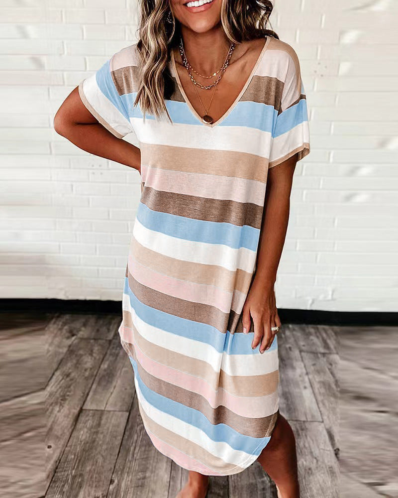 Loose Striped Printed Short Sleeve Long Dress
