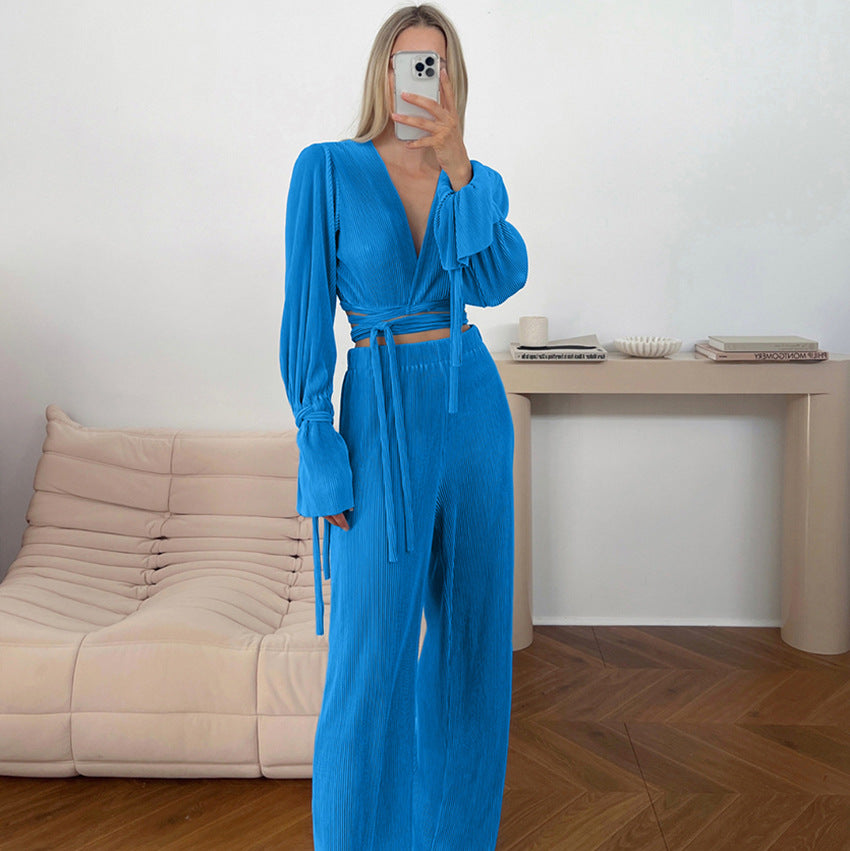 Long Sleeves Cropped Wide-Leg Pants Suit Design Pleated Two-Piece Suit for Women