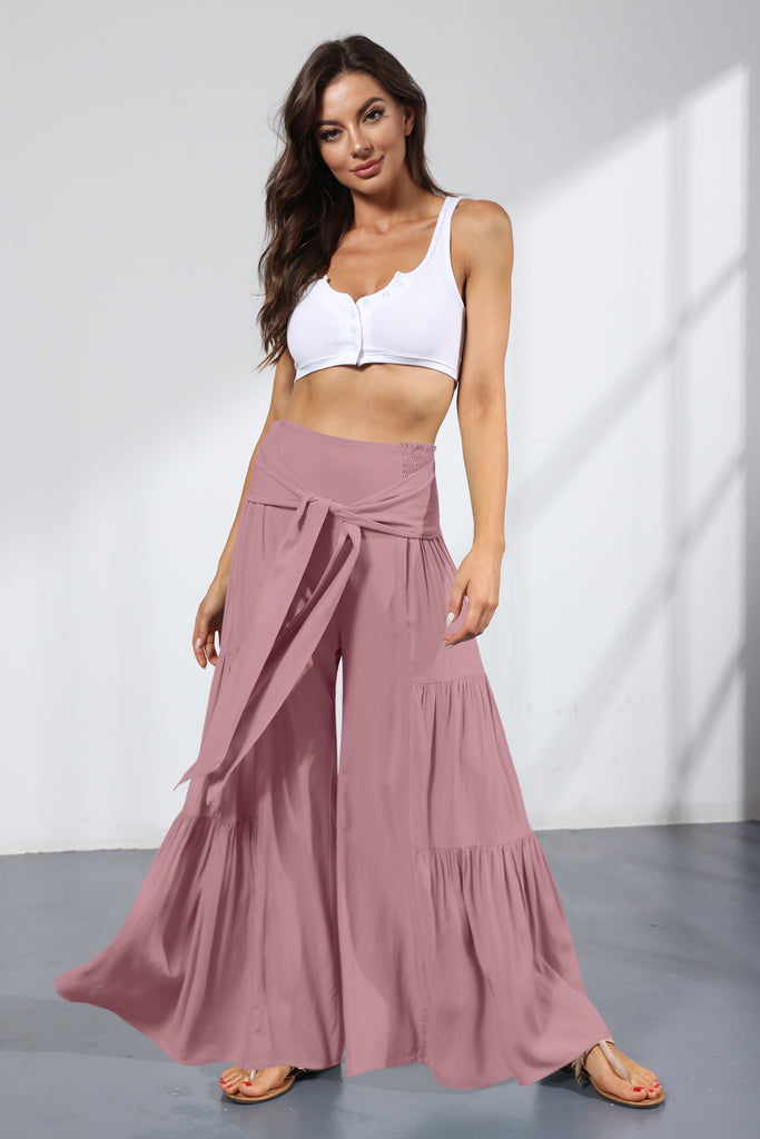 European and American Women's Clothing Fashion Temperament Bandage Elastic Waist Pleated Wide Leg Pants Casual Loose Trousers