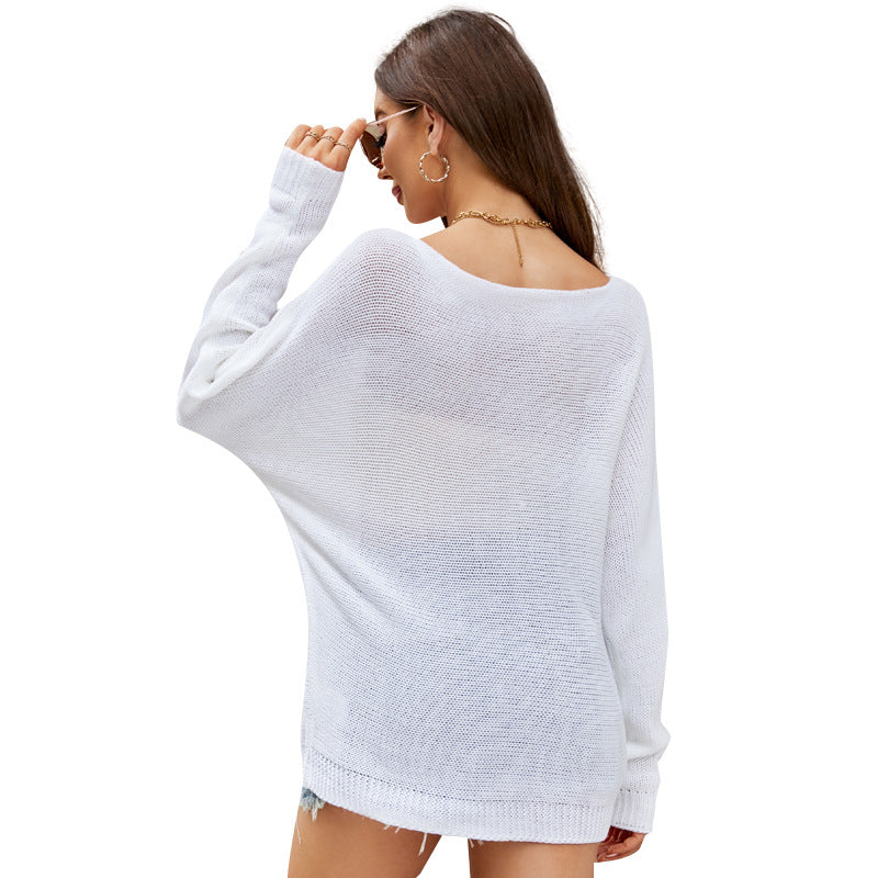 Loose Embroidered Sequins Knitwear Mid-Length Batwing Sleeve Knitted Sweater