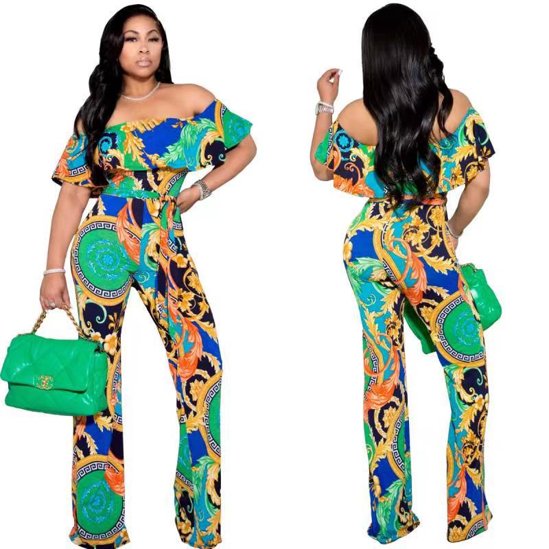 YM-8605 European and American women's sexy printed word neck wide leg jumpsuit