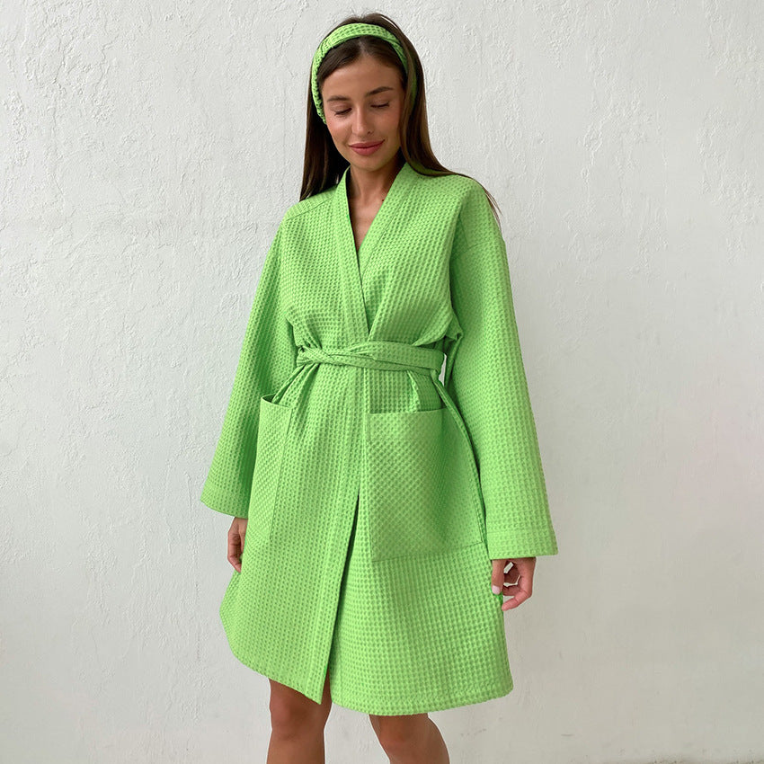 Waffle Long-Sleeved Dress European and American Niche Stomach Blanket A- line Short Skirt for Women