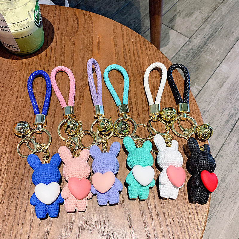 Creative Peach Heart Woven Rabbit Keychain Female Cute Couple Rabbit Schoolbag Pendant Car Key Chain Ornaments