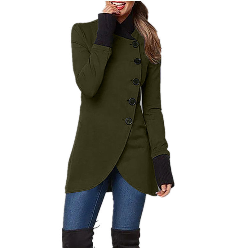 Autumn and Winter Solid Color Single-Breasted Stitching Slit Hemline at Hem Long-Sleeved Coat