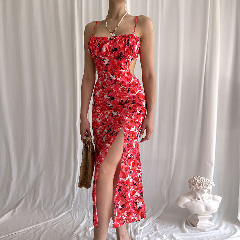 Sweet Backless Leg Lace-up Slim Fit Split Irregular Mid-Length Skirt Printed Floral Strap Dress