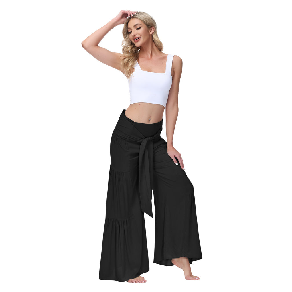 European and American Women's Clothing Fashion Temperament Bandage Elastic Waist Pleated Wide Leg Pants Casual Loose Trousers