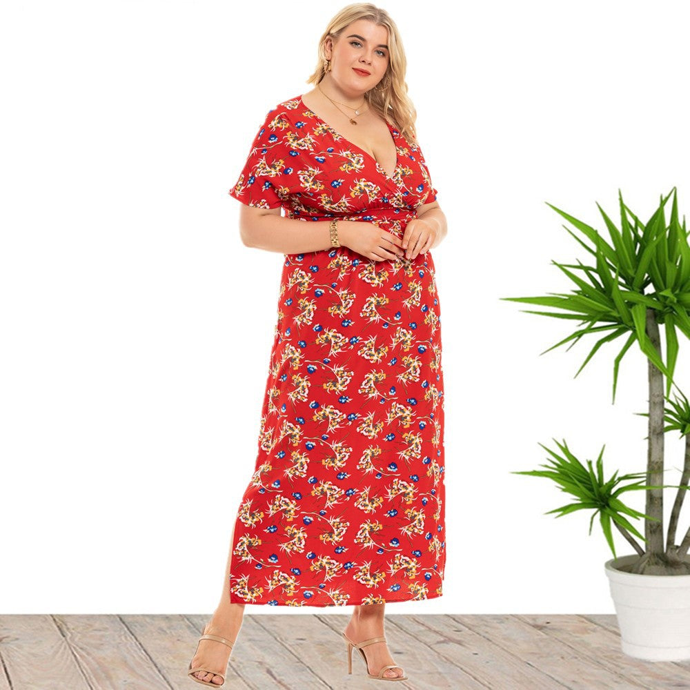 Women 'S Floral Dress V-neck Slit Dress