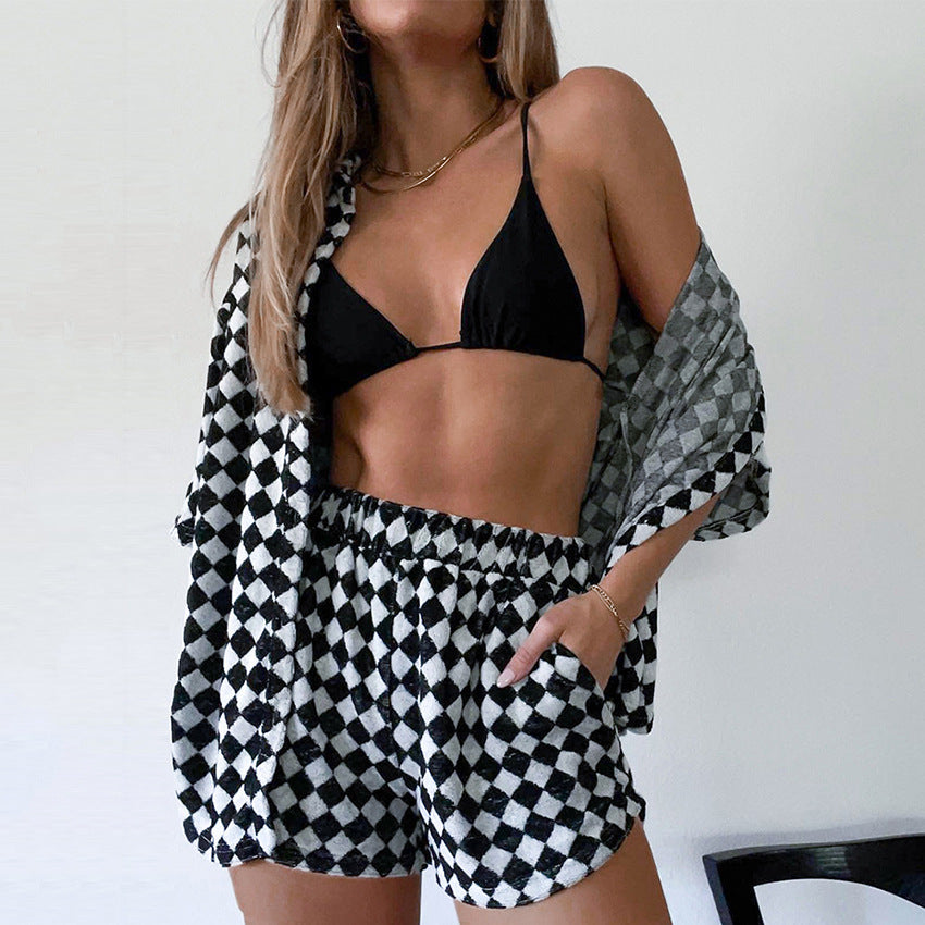 European and American Plaid Street Suit Casual Design Sense Knitted Trousers Checkerboard Plaid Female Clothes in Black and White