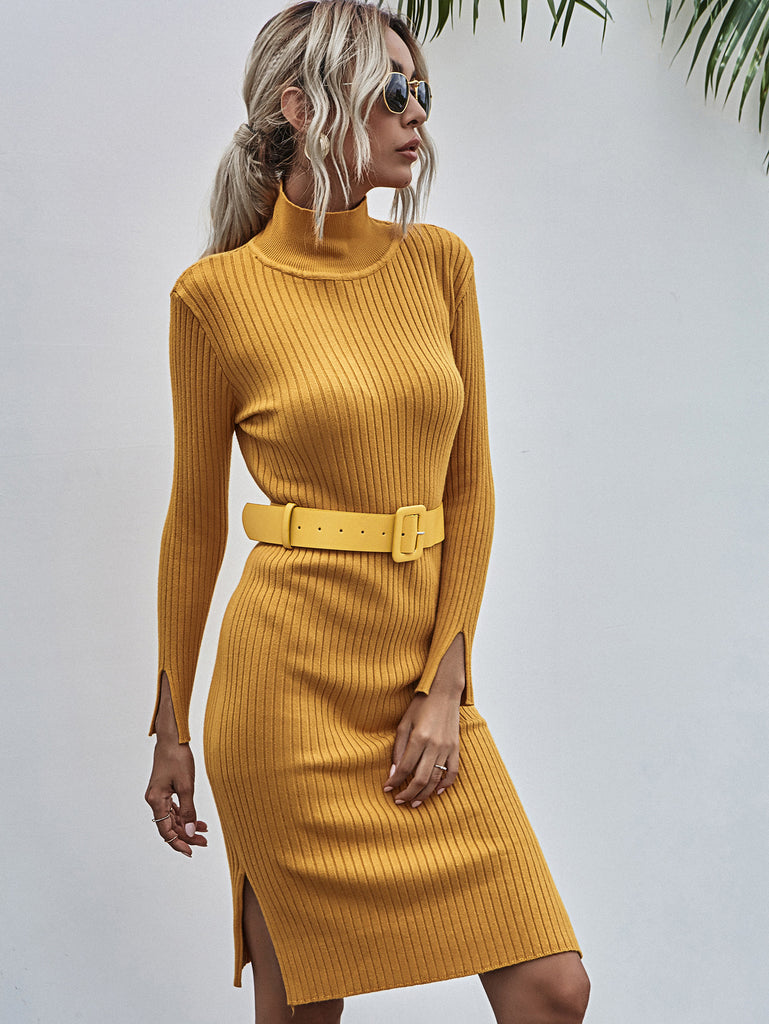 Solid Color Mid-Length High Collar Sweater Dress Women