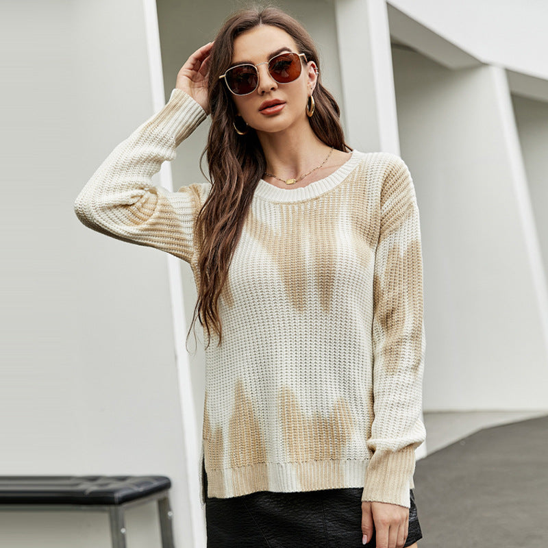 Printing and Dyeing Long-Sleeved Sweater Top round Neck Pullover Loose Knit Sweater for Women