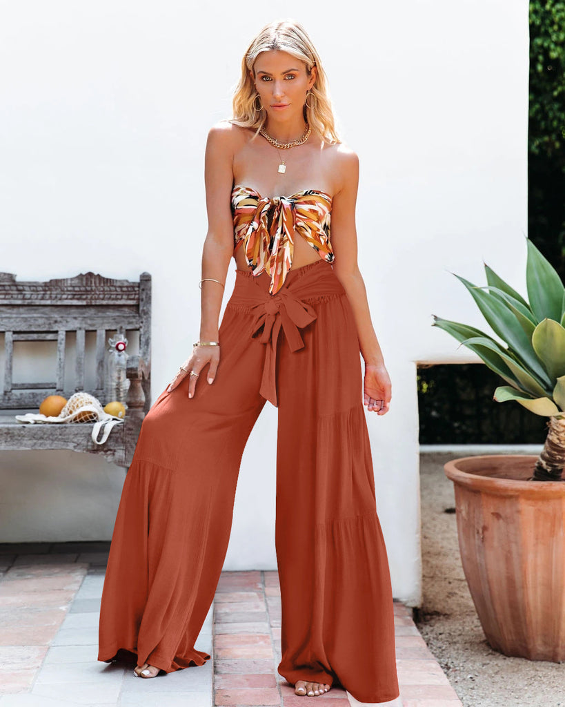 European and American Women's Clothing Fashion Temperament Bandage Elastic Waist Pleated Wide Leg Pants Casual Loose Trousers