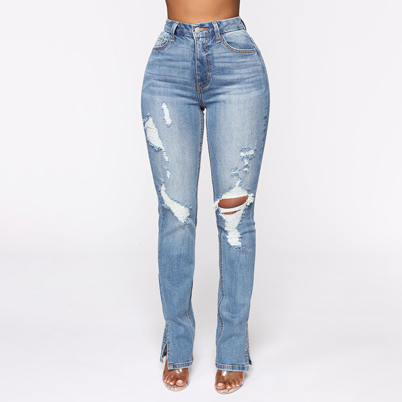 Bestseller Blue Washed Ripped High Waist Stretch Split Jeans