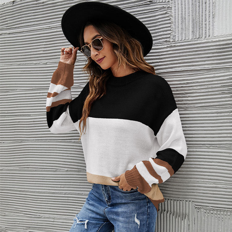Women's Knitted Sweater Stylish Loose plus Size European and American round Neck Striped Pullover Sweater