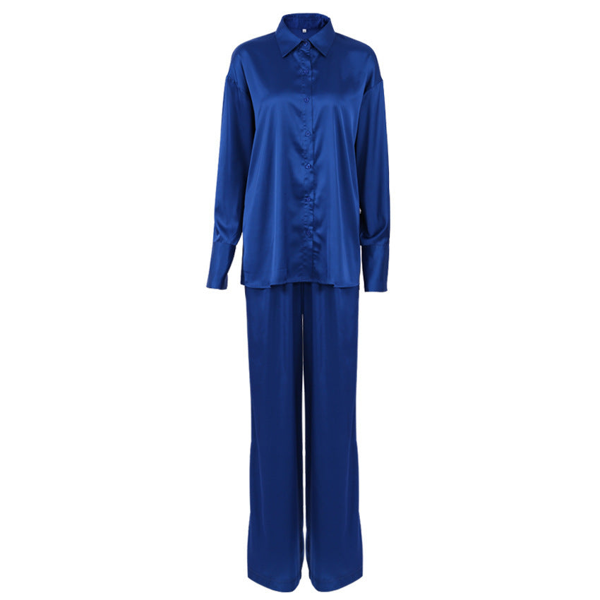 Klein Blue Casual Women 'S Satin Shirt Mop Trousers Two-Piece Set