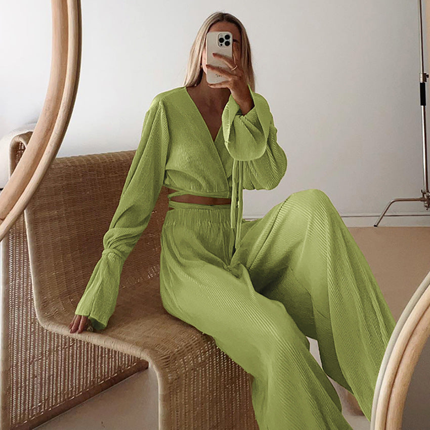 Long Sleeves Cropped Wide-Leg Pants Suit Design Pleated Two-Piece Suit for Women