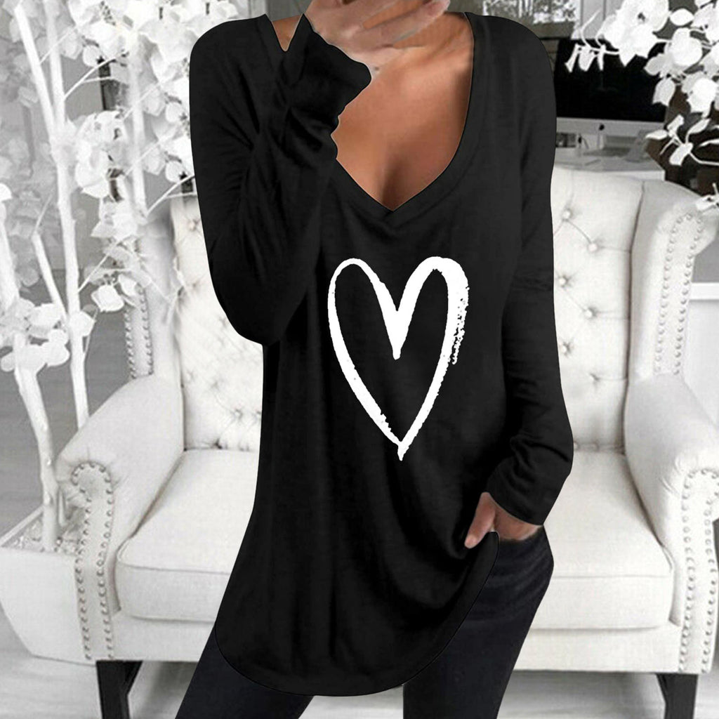 Women's Long-Sleeved V-neck Heart-Shaped Printed Casual Top T-shirt