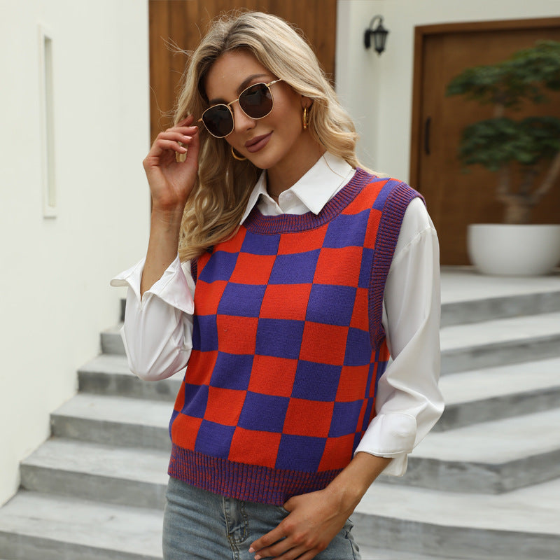 European and American Women's Clothing Sleeveless Knitted Sweater Plaid Contrast Color Pullover Knitted Vest
