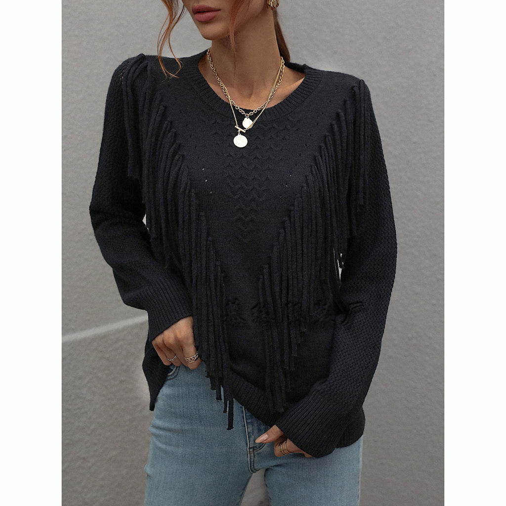 Pullover Women's Loose Solid Color Sweater Fashion Tassel Sweater Women