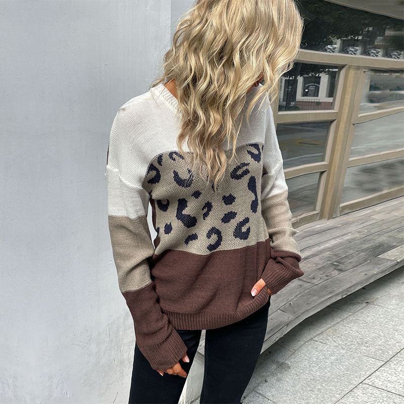 Autumn and Winter European and American Fashion Casual Women's Long Sleeve Leopard Print Contrast Color Sweater