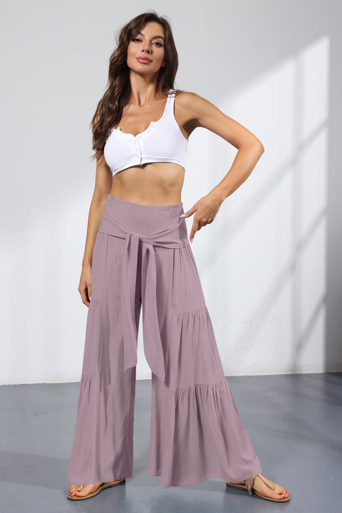 European and American Women's Clothing Fashion Temperament Bandage Elastic Waist Pleated Wide Leg Pants Casual Loose Trousers