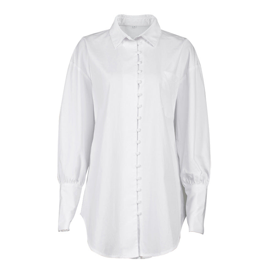 French Commuter Slim White Dress Shirt Dress Single-Breasted Tea Break Pure Style Women's Clothing