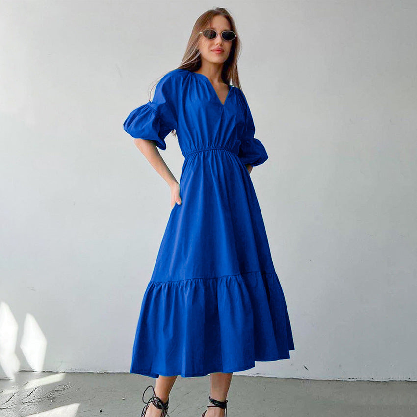 Klein Blue Puff Sleeve High Waist A- line Skirt Commuter Dress Long Skirt Fashion Simple Women