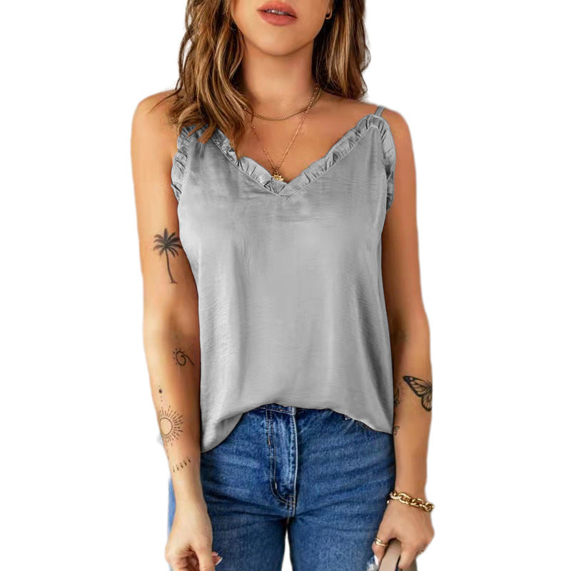 Ruffled Spaghetti-Strap Camisole Top Chiffon Shirt