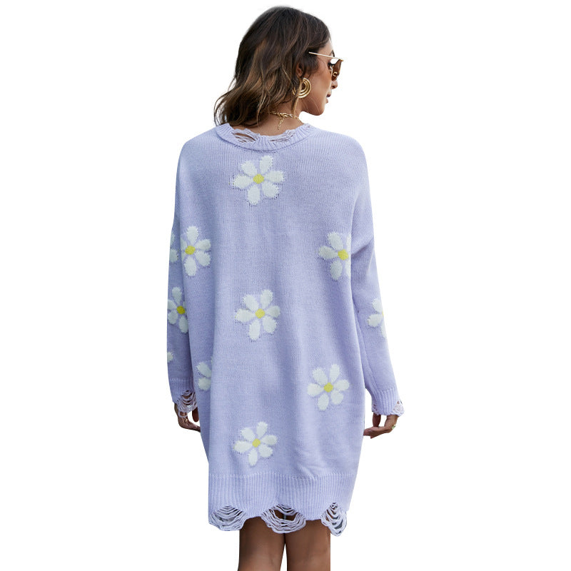 European and American Women's Clothing Long Crew Neck Pullover Sweater Flower Loose Knitted Dress