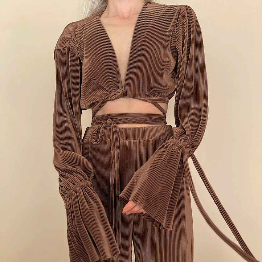 Long Sleeves Cropped Wide-Leg Pants Suit Design Pleated Two-Piece Suit for Women