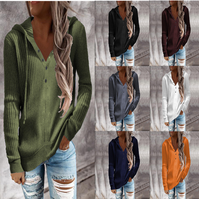Striped Casual Hooded Sweater Loose Sweater Open Collar Long Sleeve Sweater for Women