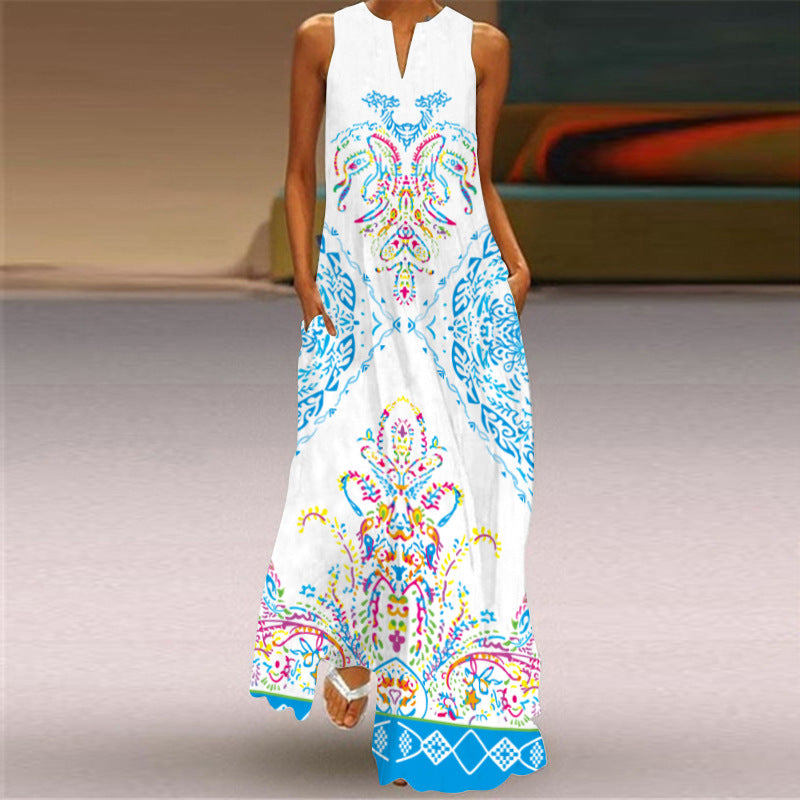 Sexy Digital Printed Dress V-neck Sleeveless Pocket European and American Style Dress