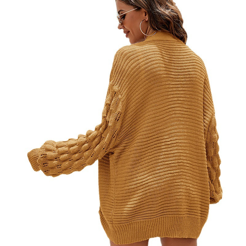 Solid Color Loose Knitted Cardigan European and American Lantern Sleeve Sweater Coat for Women
